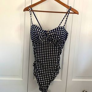 J Crew One-Piece Bandeau Swimsuit Ruched Vintage Polka Dot Navy Size 8 D-Cup